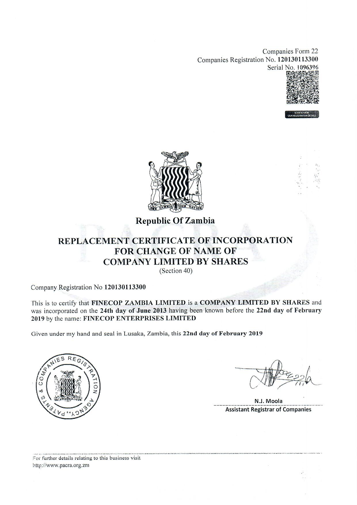 Our Certificates FINECOP ZAMBIA LTD